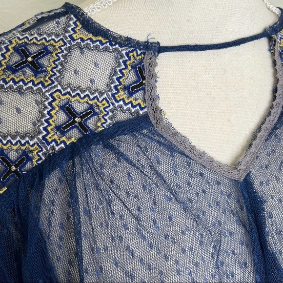 Free People Joyride Navy Blue Sheer Bell Sleeve Blouse Small - Picture 8 of 12